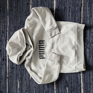 Puma hooded sweatshirt, grey with dark purple puma letters, size xs (5/6)